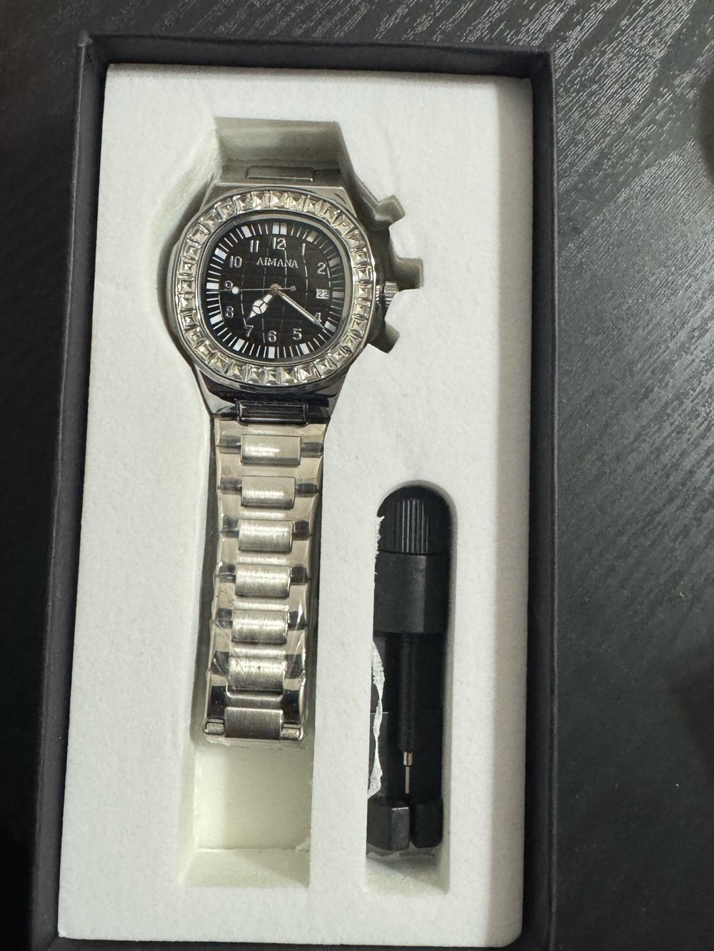 Men’s Silver Stainless Steel Watch with Black Dial